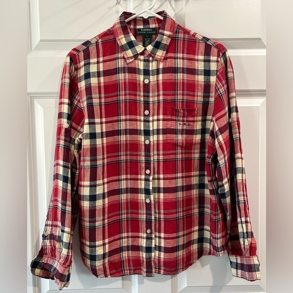 Lauren Ralph Lauren Plaid 100% Linen Blouse Sz L Western Button Front Cowgirl - Picture 1 of 7